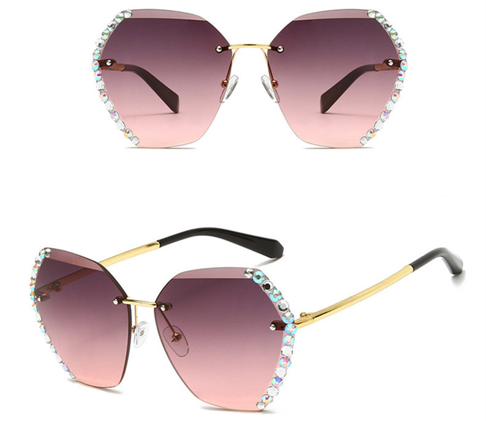 Nuevas gafas de sol estilo femenino estilo coreano marea sin marco cristal cortado-borde gafas de sol señoras uv protección gafas de sol con pedrería