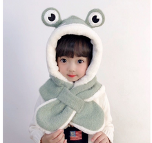 Load image into Gallery viewer, Children&#39;s frog hat winter scarf all-in-one hat cartoon thickening cute plush boy and girl ear protection hat two-piece set
