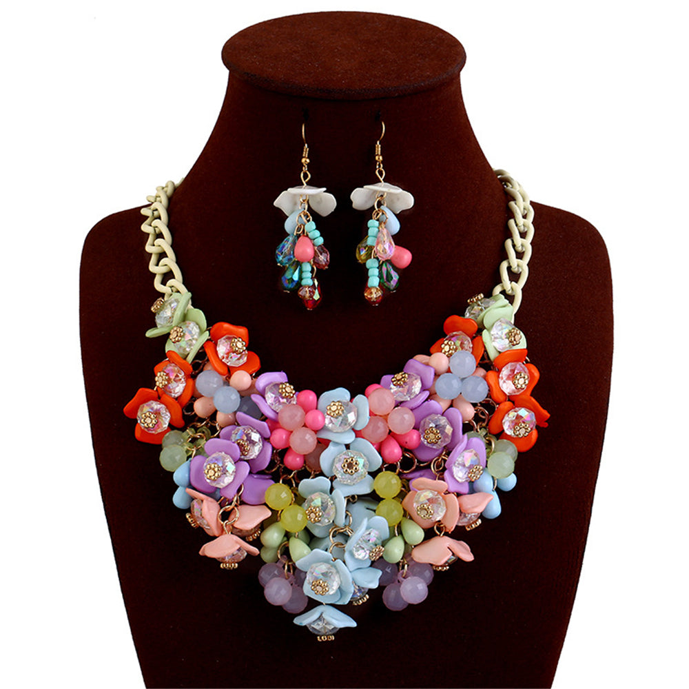 Moda exagerada colorido collar de flores de piedras preciosas pendientes conjunto de joyas regalo accesorios femeninos