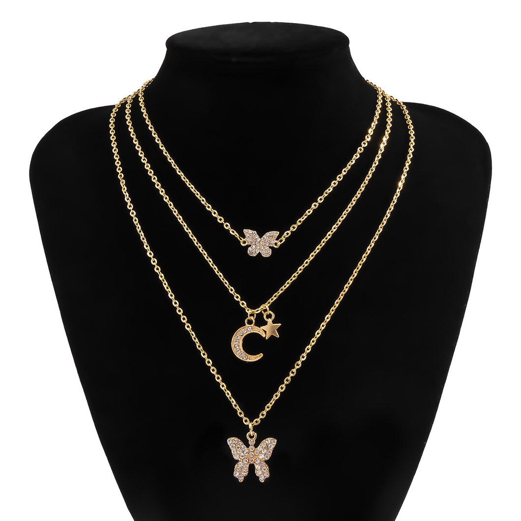 Simple multi-layer three-dimensional butterfly necklace female geometric simple star and moon suit collarbone chain necklace