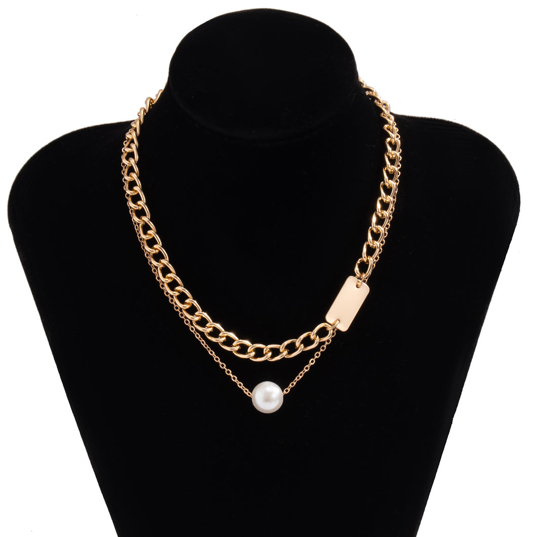 Simple double-layer geometric square pearl necklace temperament and generous metal chain neck necklace