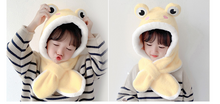 Load image into Gallery viewer, Children&#39;s frog hat winter scarf all-in-one hat cartoon thickening cute plush boy and girl ear protection hat two-piece set
