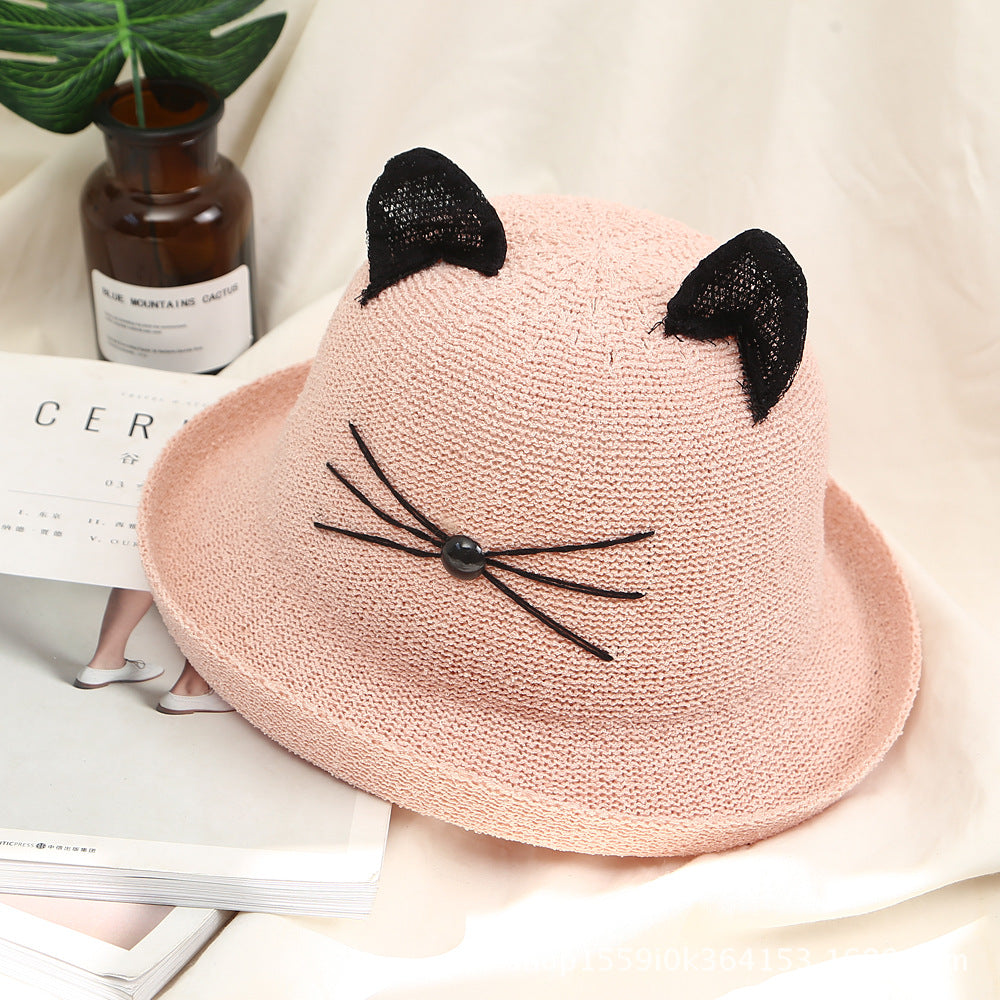 Cat ears curled breathable straw hat parent-child curled adult hat