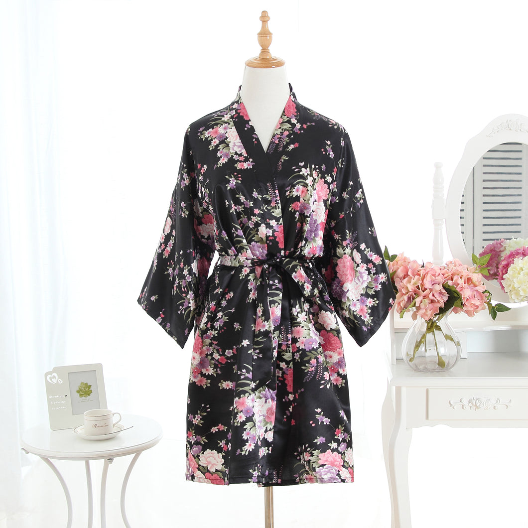 Imitation silk floral nightgown short kimono yukata cardigan bathrobe