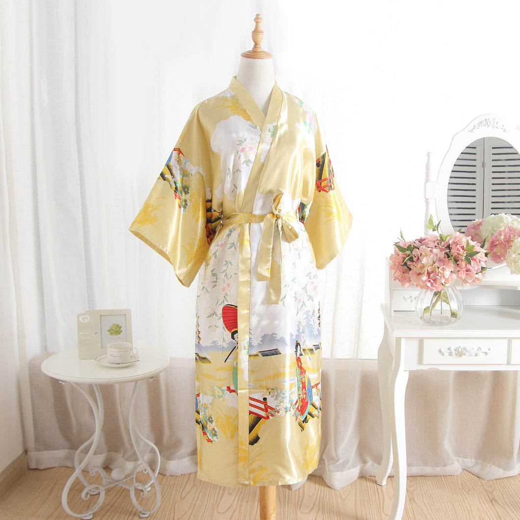 Japanese kimono long one size nightgown imitation silk summer one-piece open robe women's bathrobe cardigan